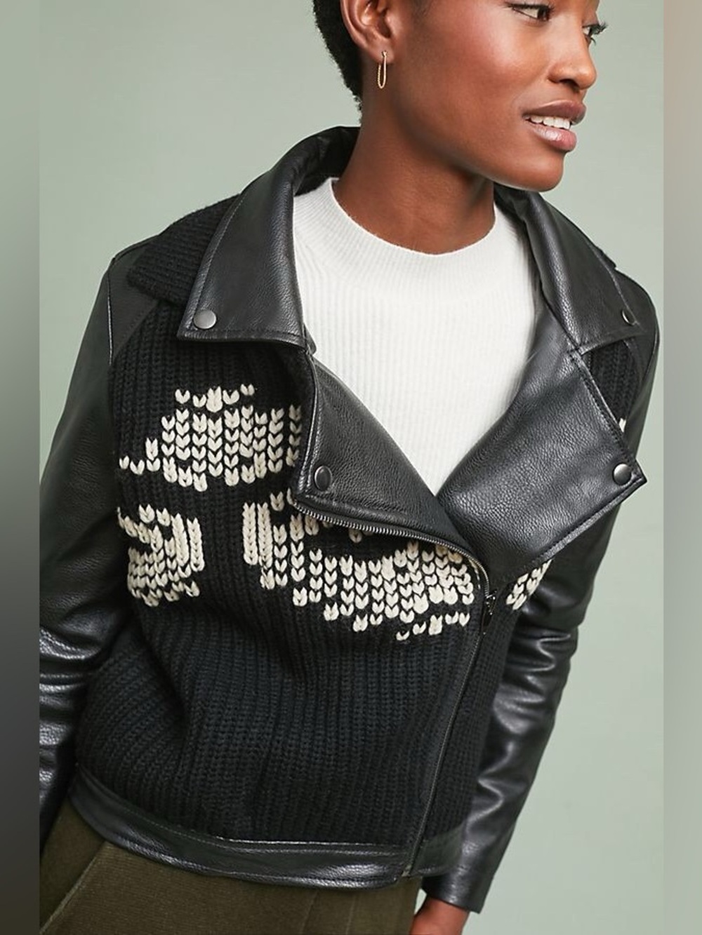 Anthropologie Ett:twa Faux Leather Knit Moto Jacket Fair Isle Black Ivory XS